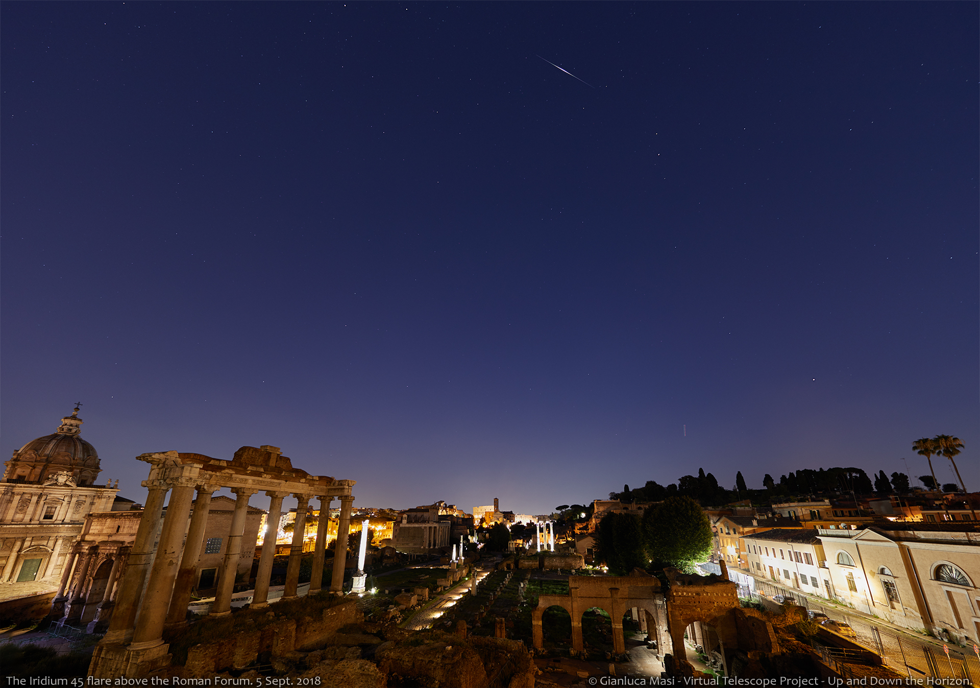 The Iridium 55 satellite flares as bright as mag. -7.5 above the Roman Forum and the Colosseum - 5 Sept. 2018