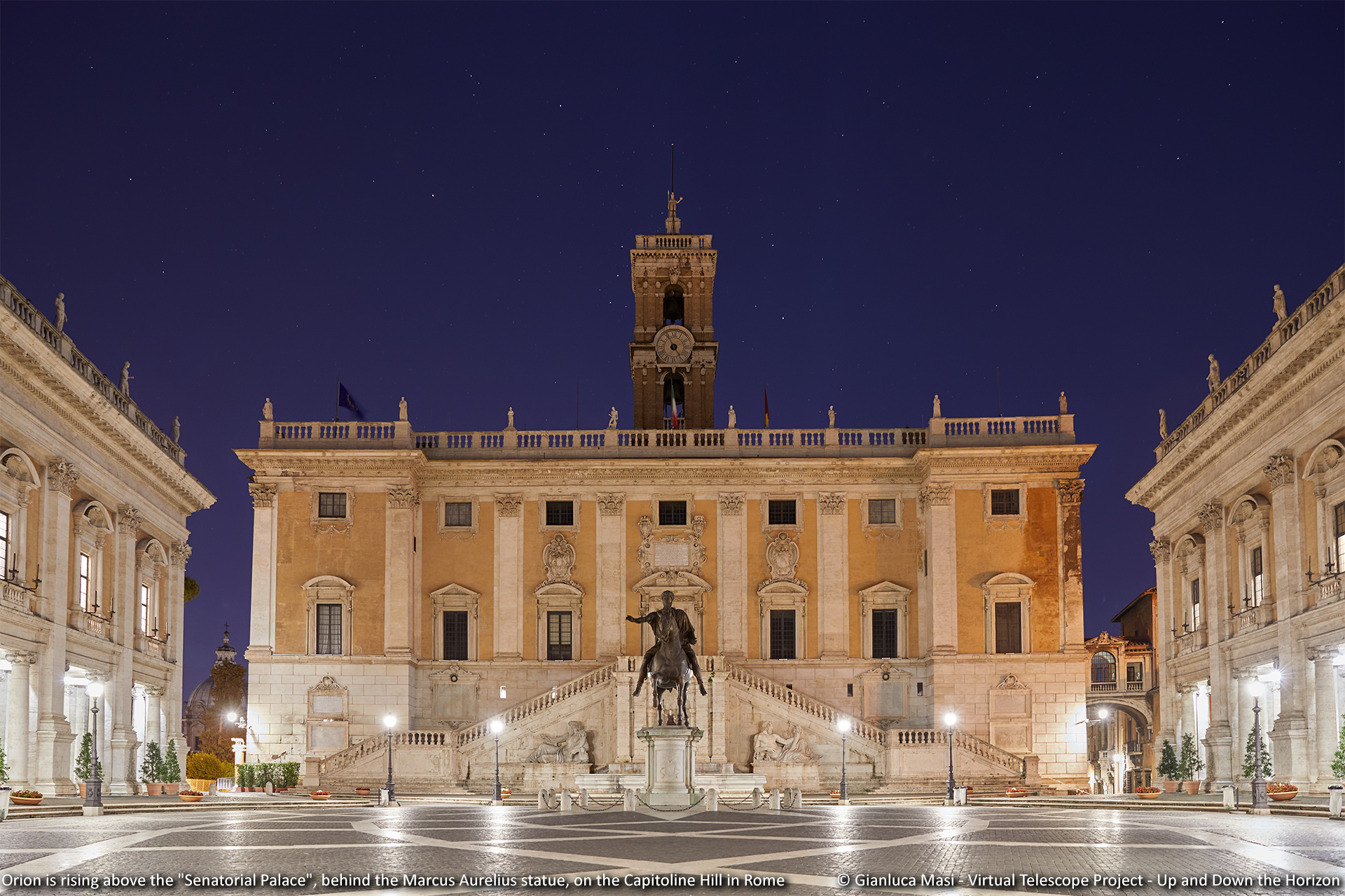 Orion is rising above the Senatorial Palace, behind the Marcus Aurelius statue. Capitoline Hill, Rome.