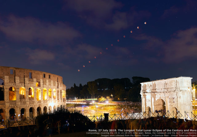 L'eclissi totale di Luna del 27 luglio 2018 e Marte sul Colosseo e l'Arco di Costantino