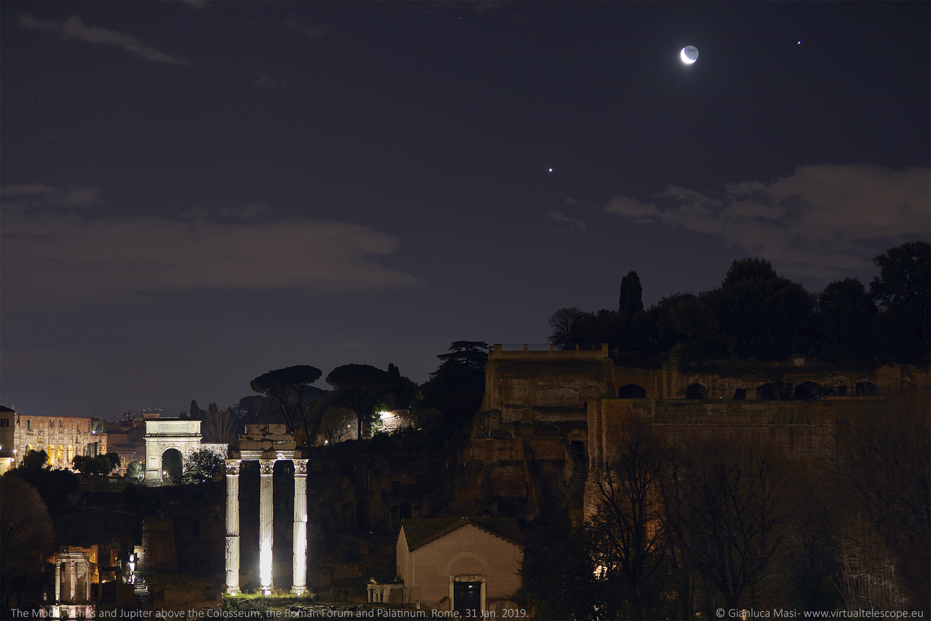The Moon, Venus and Jupiter shine above the Colosseum, the Roman Forum and the Palatine Hill - 31 Jan. 2019