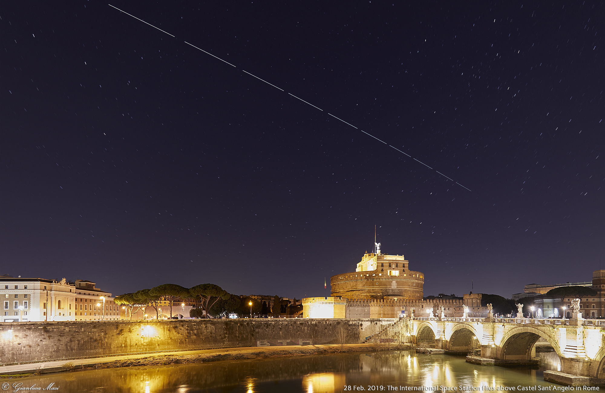 The International Space Station surfs the sky above Castel Sant’Angelo in Rome - 28 Feb. 2019.