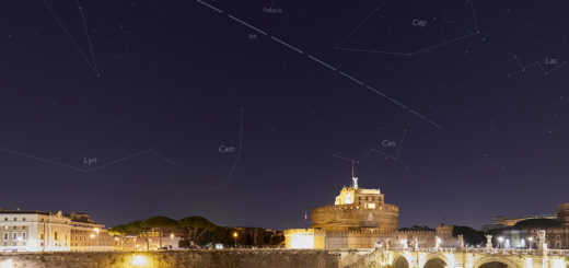 The International Space Station surfs the sky above Castel Sant’Angelo in Rome. Constellations are also visible and labelled - 28 Feb. 2019.