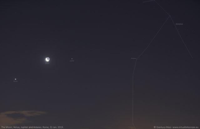 The Moon, Venus, Jupiter, Antares and the head of Scorpius - 31 Jan. 2019