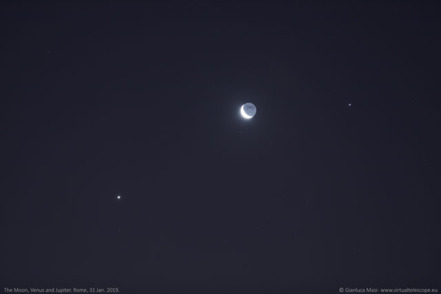 The Moon, Venus (bottom left) and Jupiter (upper right) in a spot of very clear sky, at last - 31 Jan. 2019