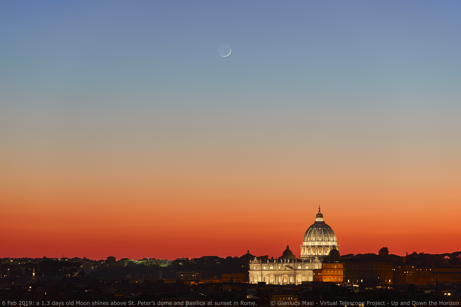 Stunning colors frame the unique vision of the Moon above St. Peter's Basilica - 6 Feb. 2019