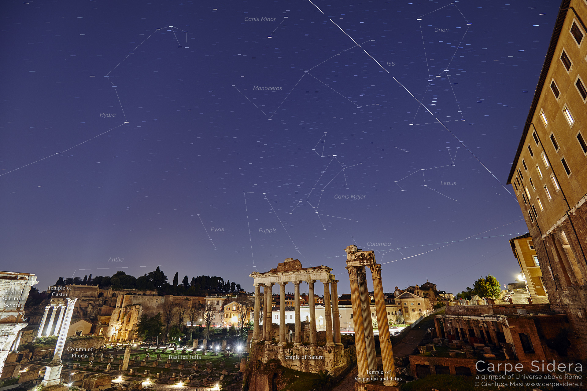 The International Space Station crosses the sky above the Roman Forum: constellations and main monuments are labelled - 22 Mar. 2019