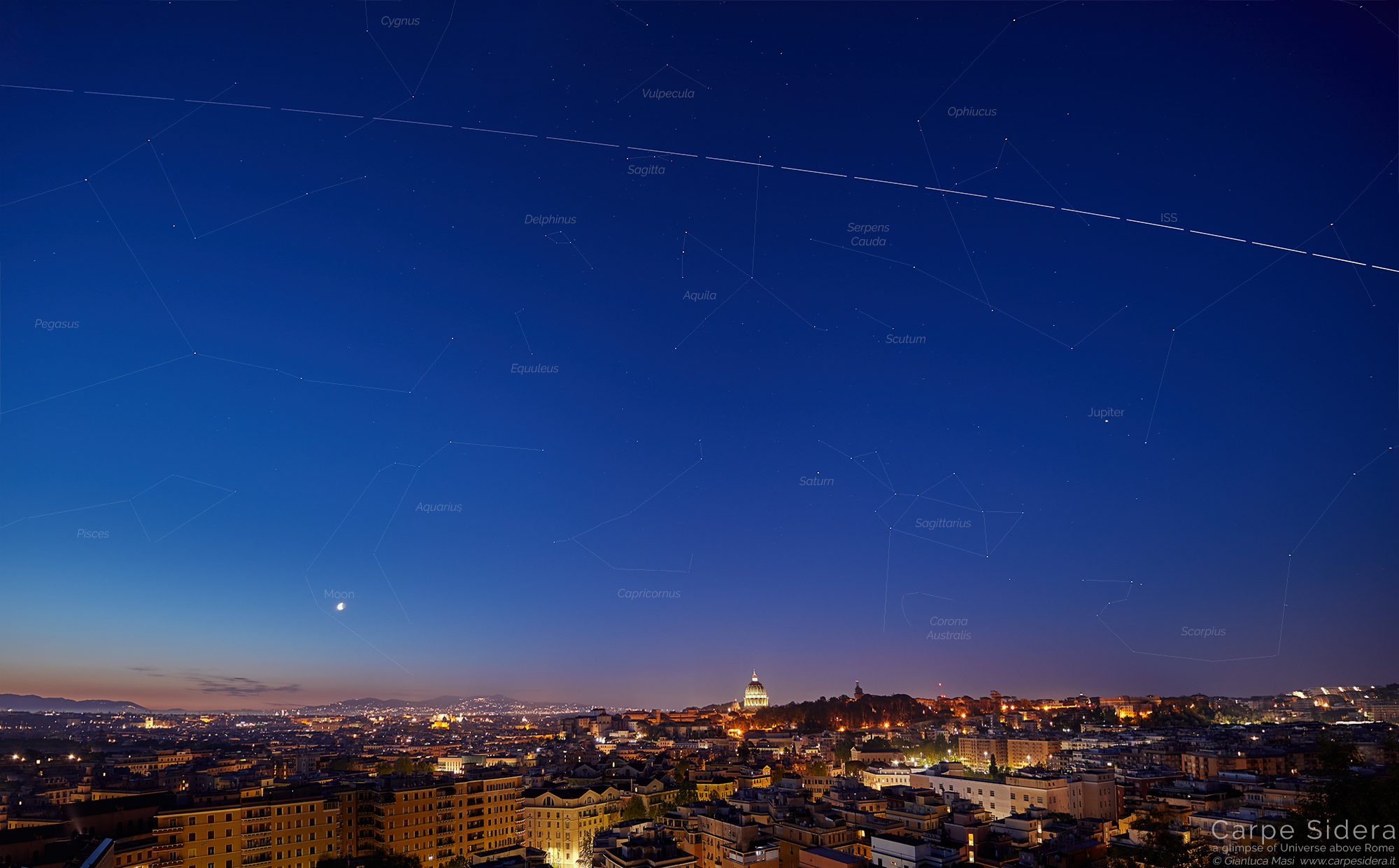 The International Space Station (ISS) crosses the sky above Rome at dawn. Constellations and planets are marked – 30 Apr. 2019