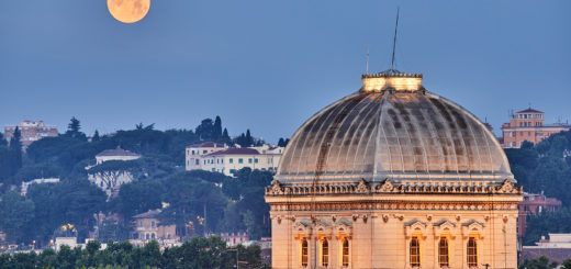 A stunning view of the Synagogue of Rome with the Moon setting at dawn - 17 June 2019