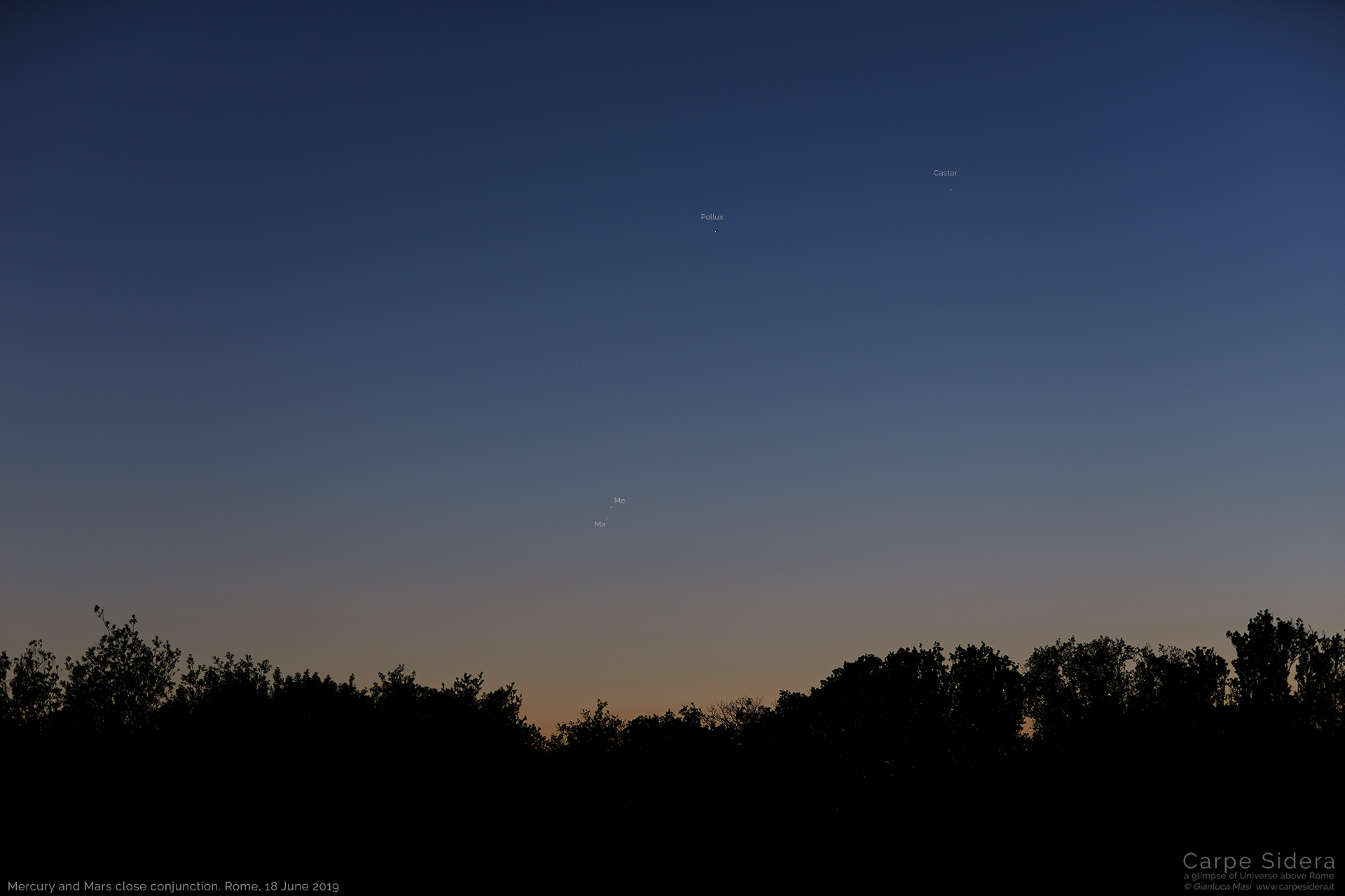 Mercury and Mars shine together with Castor and Pollux, the brightest stars in Gemini ("Twins") - 18 June 2019
