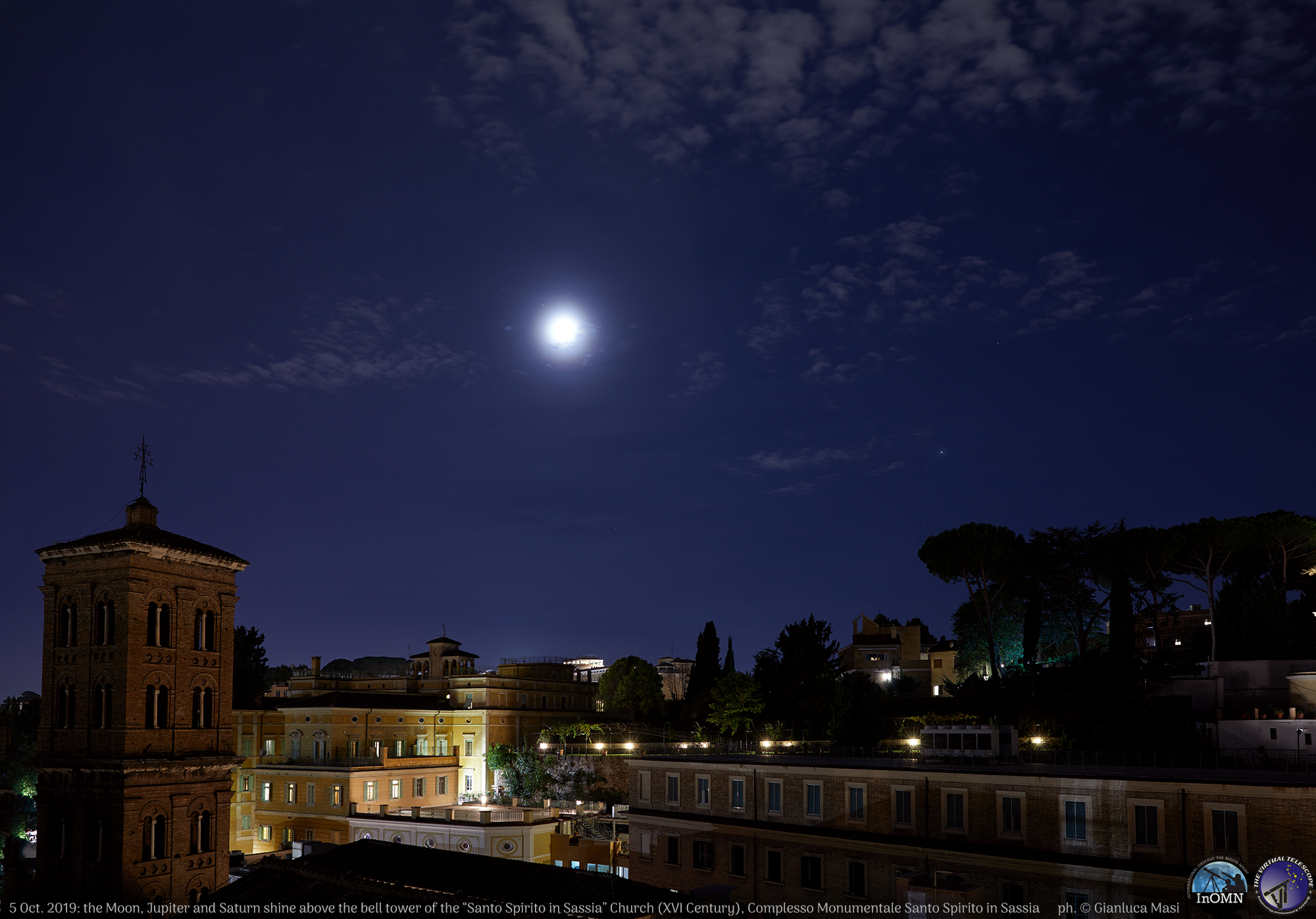 The Moon, Jupiter and Saturn (just upper left from the Moon) shone above the tower bell of the ancient "Complesso Monumentale di Santo Spirito in Sassia", Rome. - 5 Oct. 2019