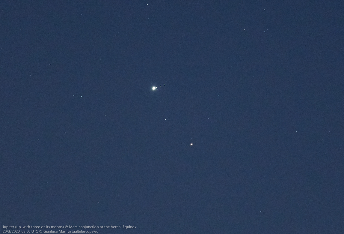 While shining with Mars, Jupiter shows its satellites Io, Ganymede and Callisto.