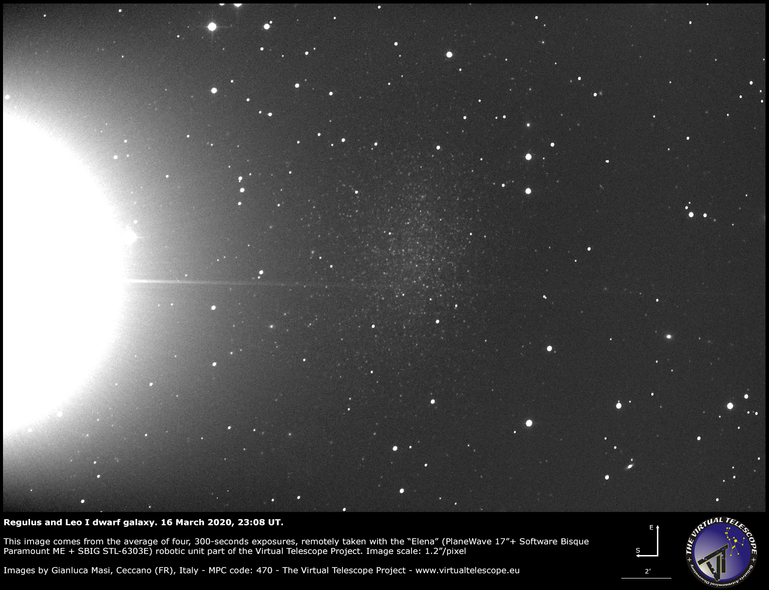 The Leo I dwarf galaxy. On the left, the glare of Regulus.