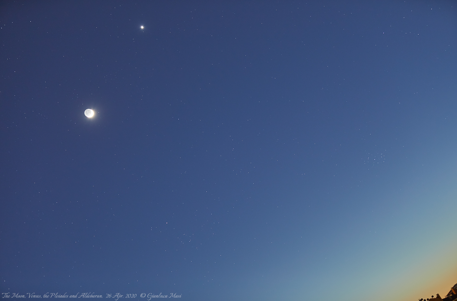 The Moon, Venus, Aldebaran and the Pleiades. 26 Apr. 2020