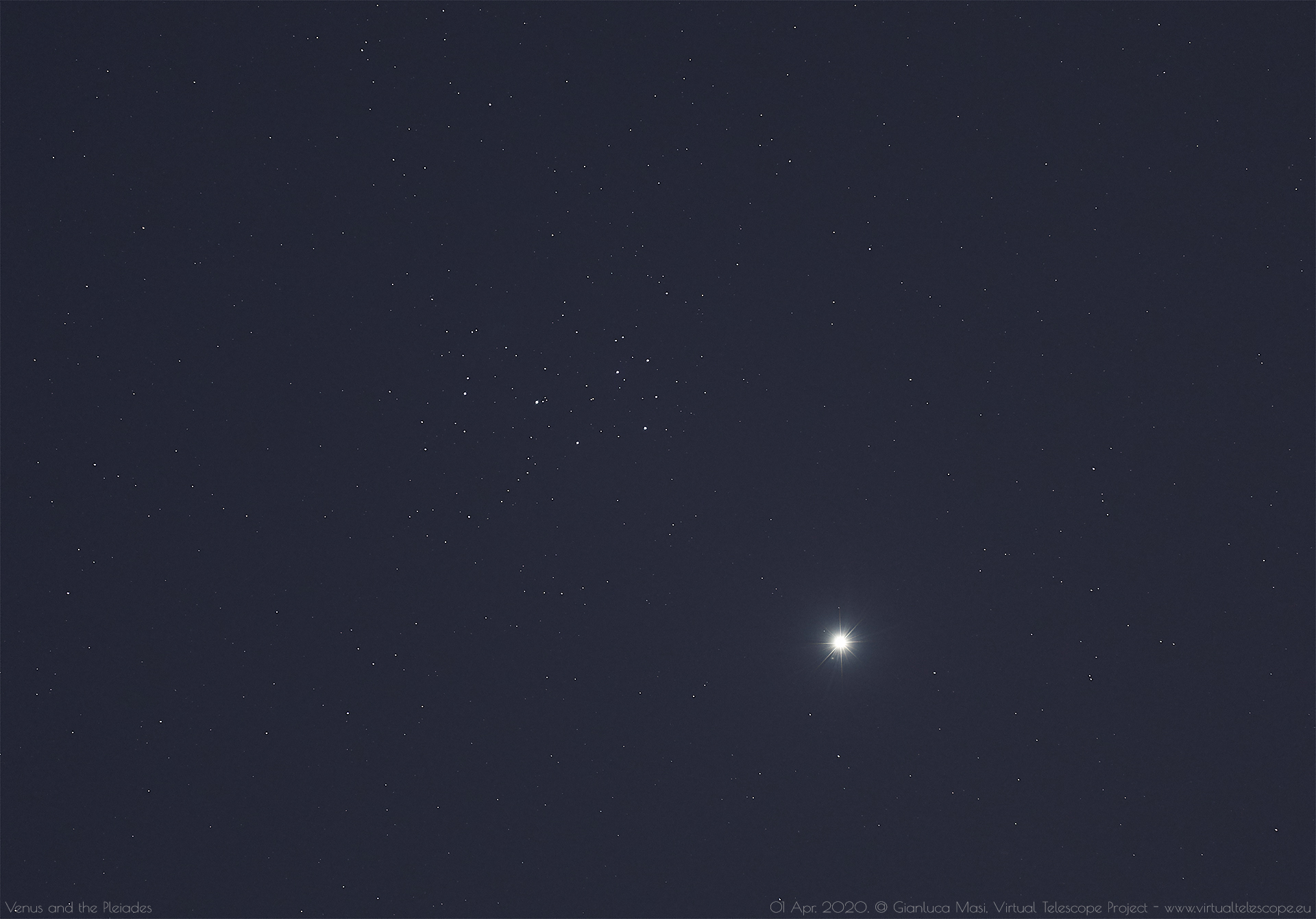 Venus and the Pleiades shine at evening. 1 Apr. 2020