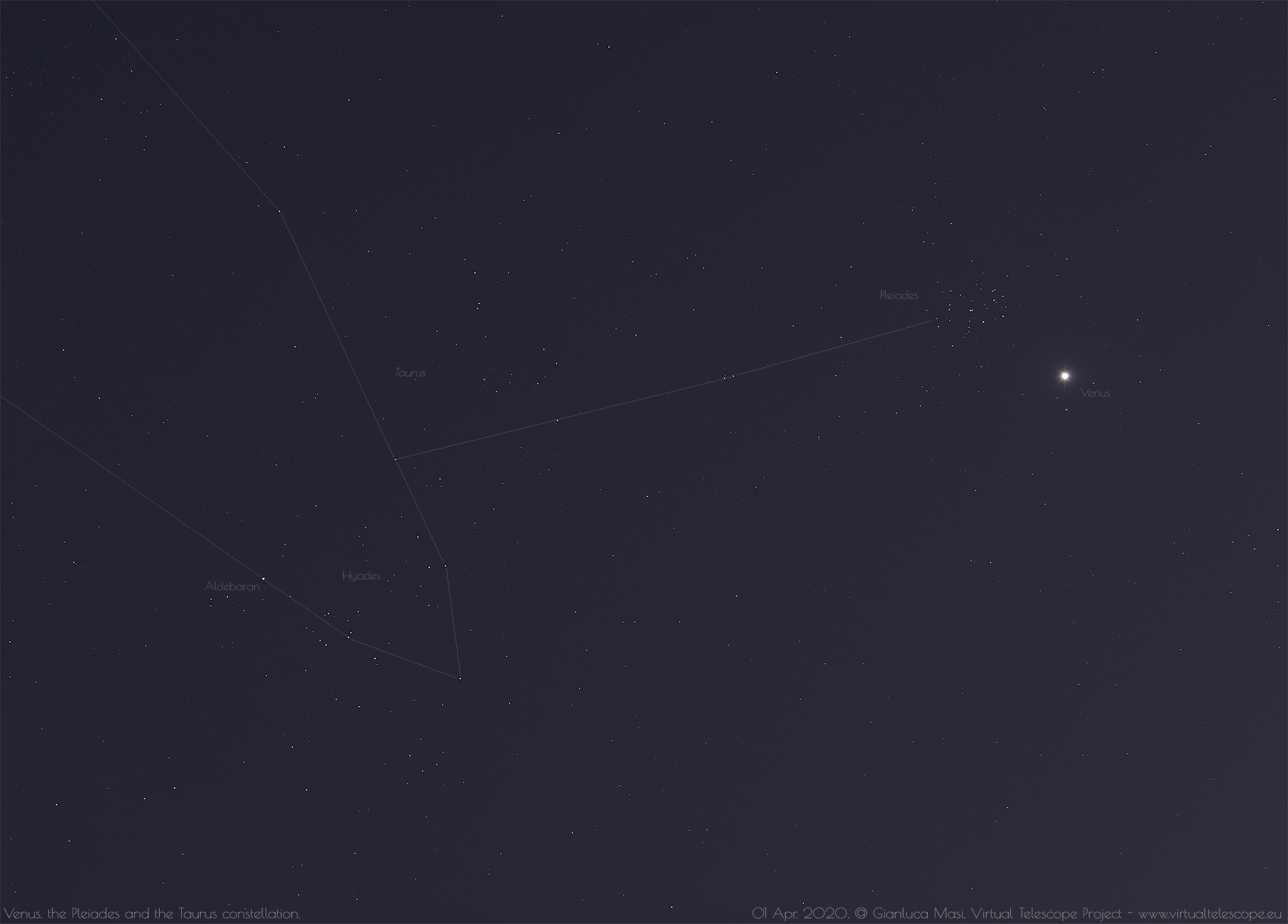 Venus, the Pleiades and part of the Taurus constellation. 1 Apr. 2020