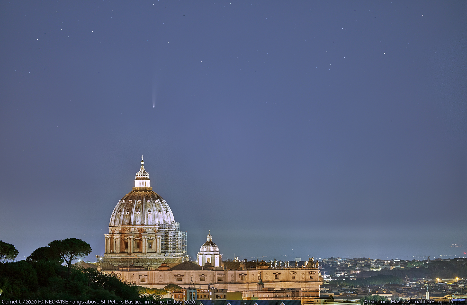 Comet C/2020 F3 NEOWISE hangs above the St. Peter's Basilica in Rome - 10 July 2020.