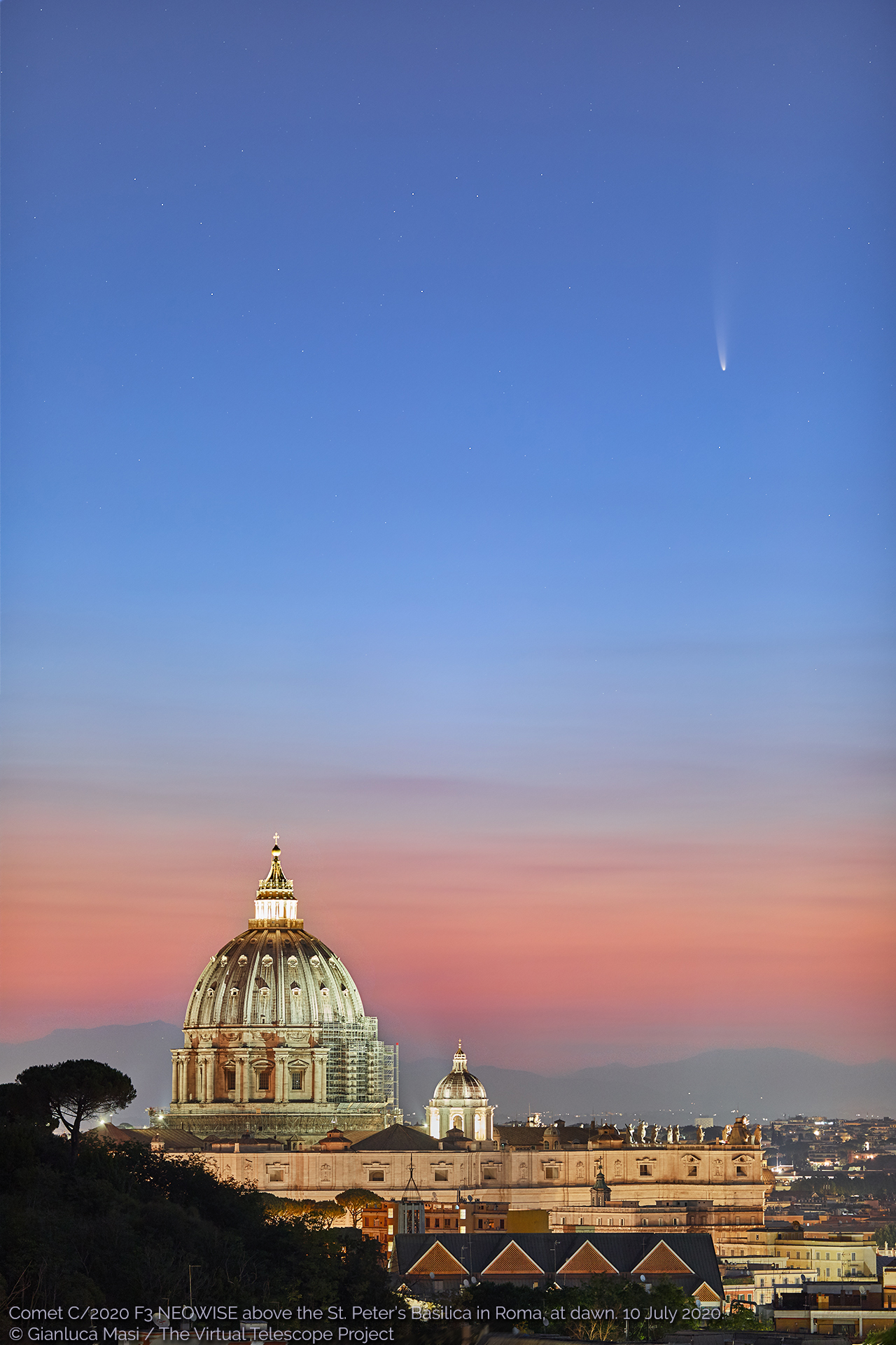 Comet C/2020 F3 NEOWISE shines above the St. Peter's Dome in Rome - 10 July 2020.
