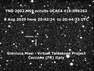 The star UCAC4 419-096262 is occulted by the TNO 2002 MS4. 8 Aug. 2020.