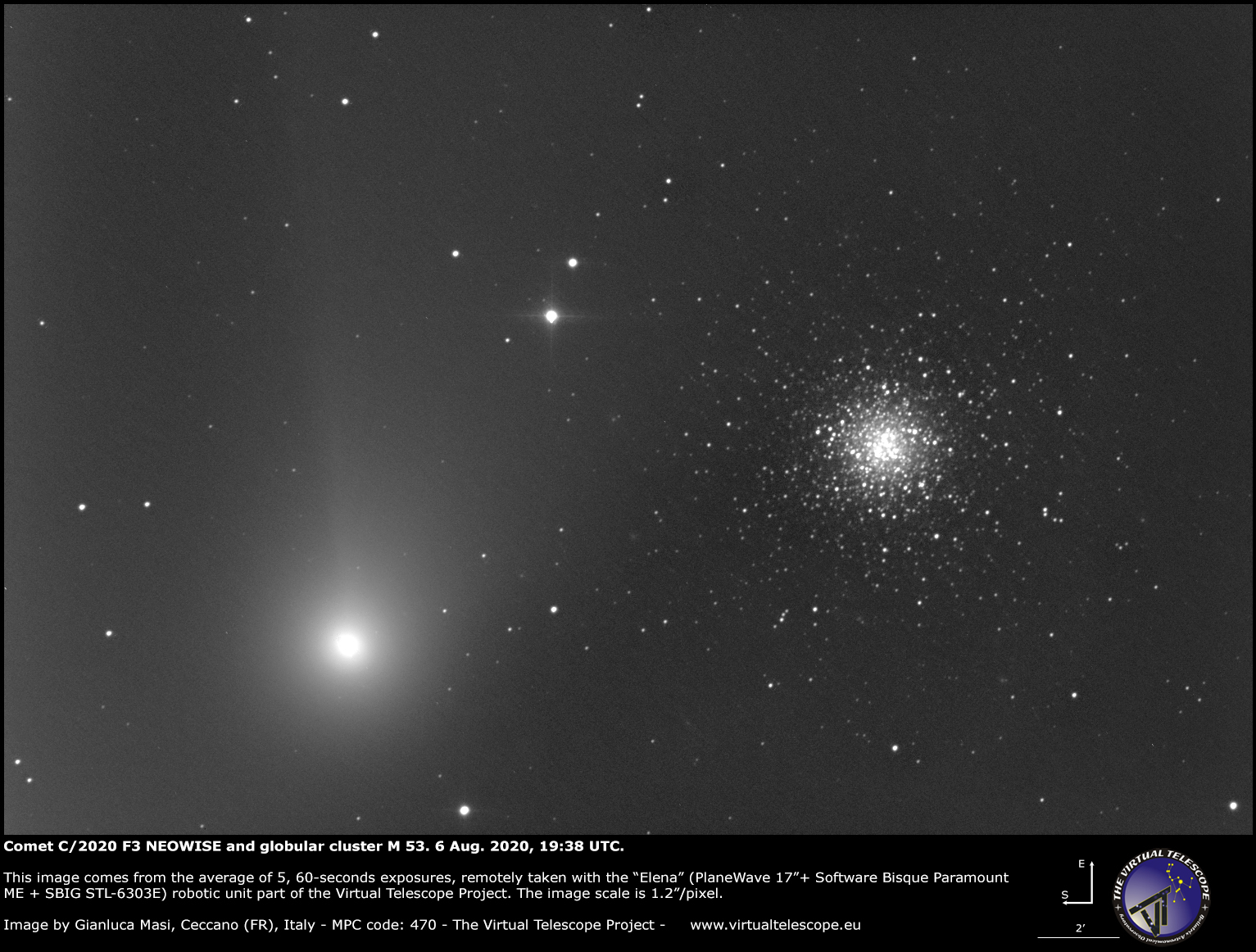 Comet C/2020 F3 NEOWISE and globular cluster Messier 53. 6 Aug. 2020.
