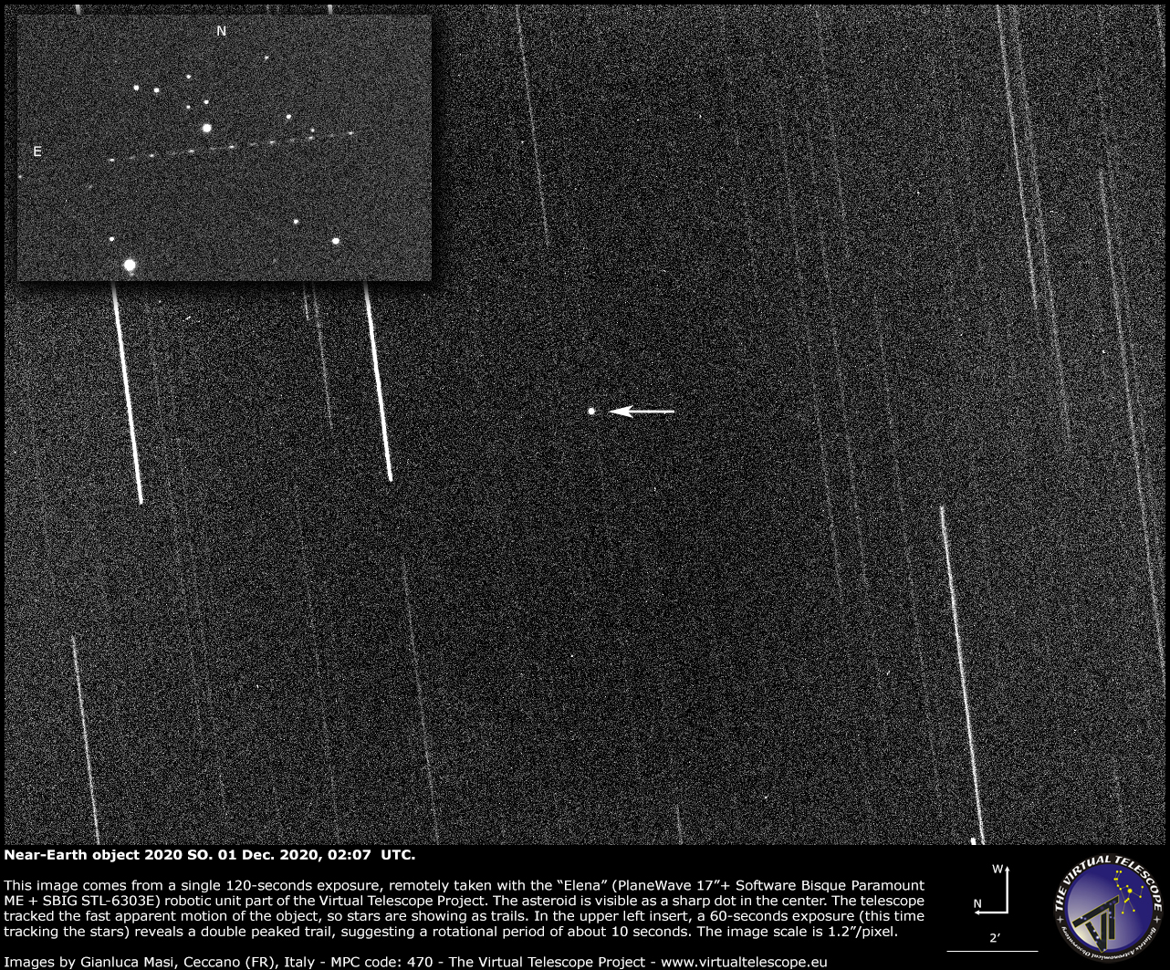 Near-Earth asteroid 2020 SO: tracked and trailed images - 01 Dec. 2020.