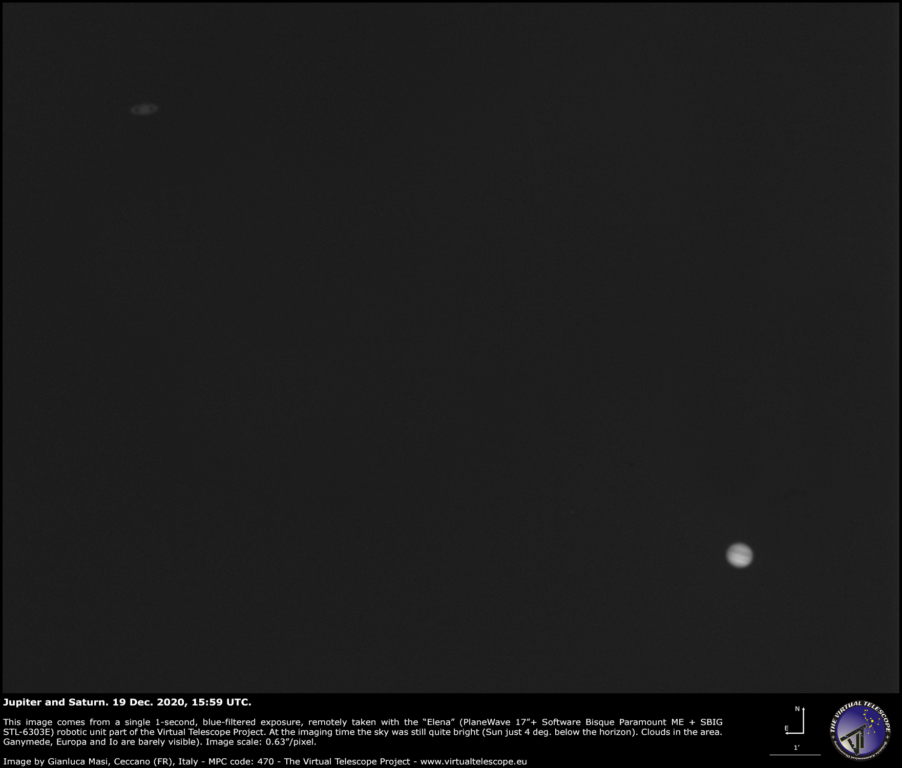 Jupiter and Saturn, about 1/4th of a degree apart. 19 Dec. 2020.