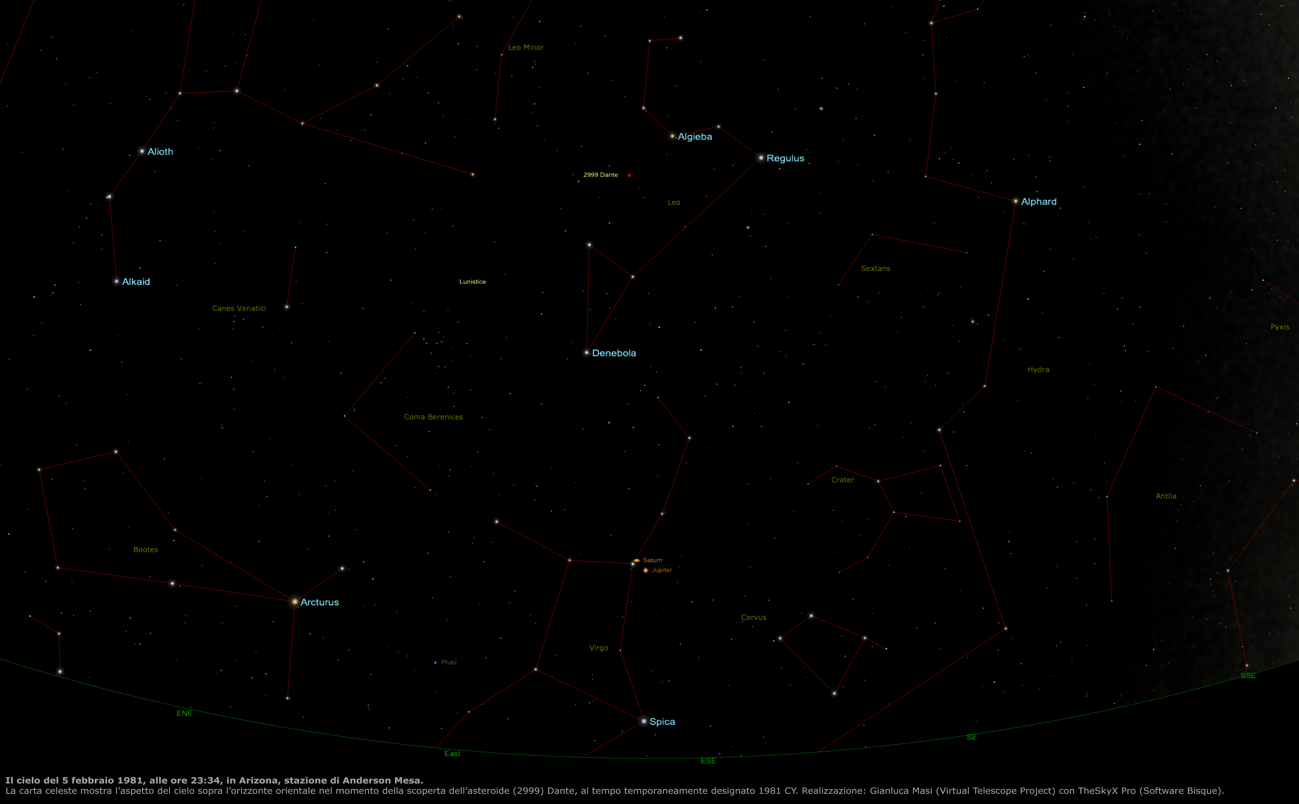 Il cielo sulla stazione di Anderson Mesa, in Arizona, nel momento della scoperta di (2999) Dante, 5 febbraio 1981, ore 23:34 locali.