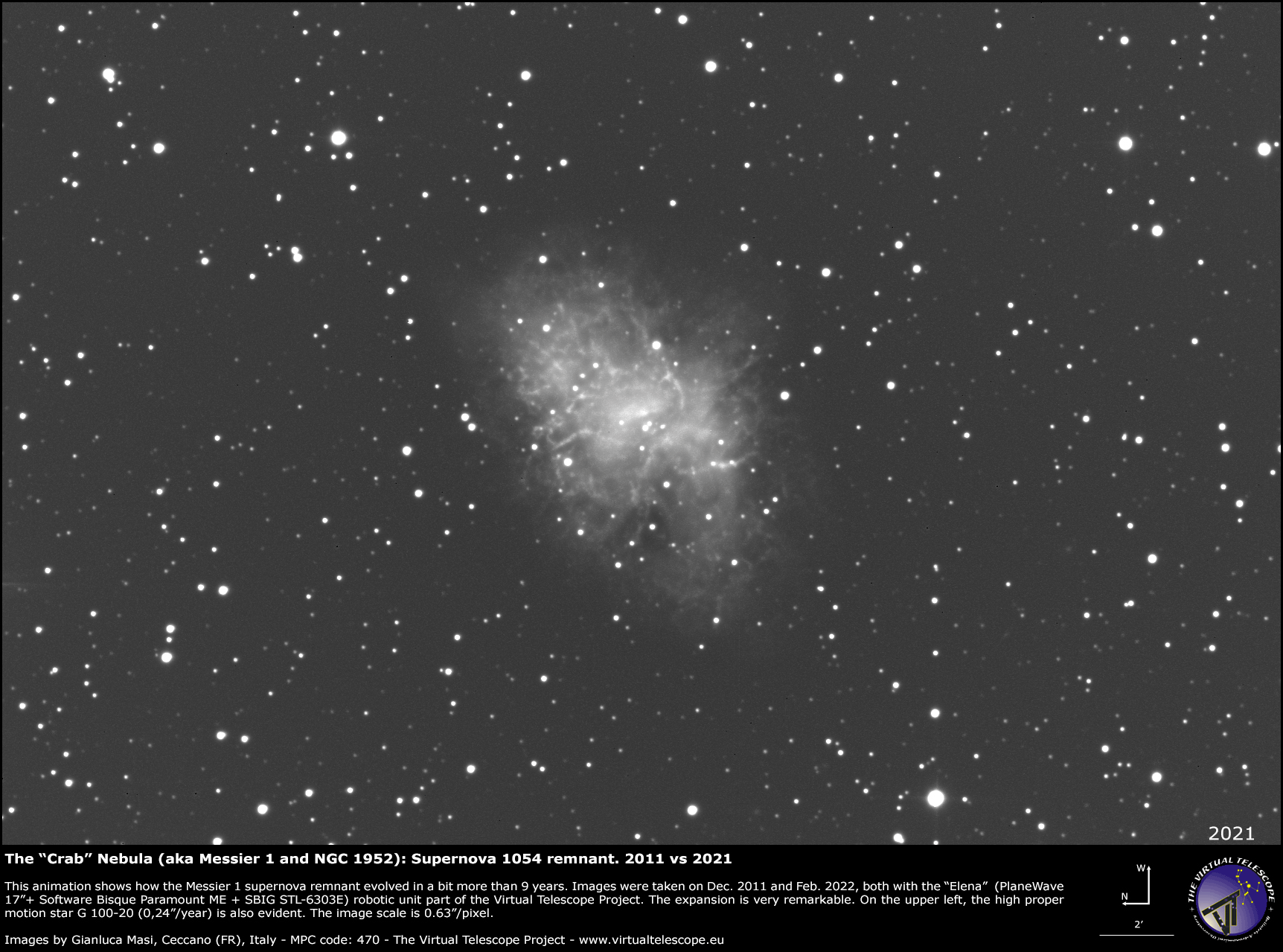 The Crab Nebula: 2011 vs 2021 images. Click on the image for the HD version.
