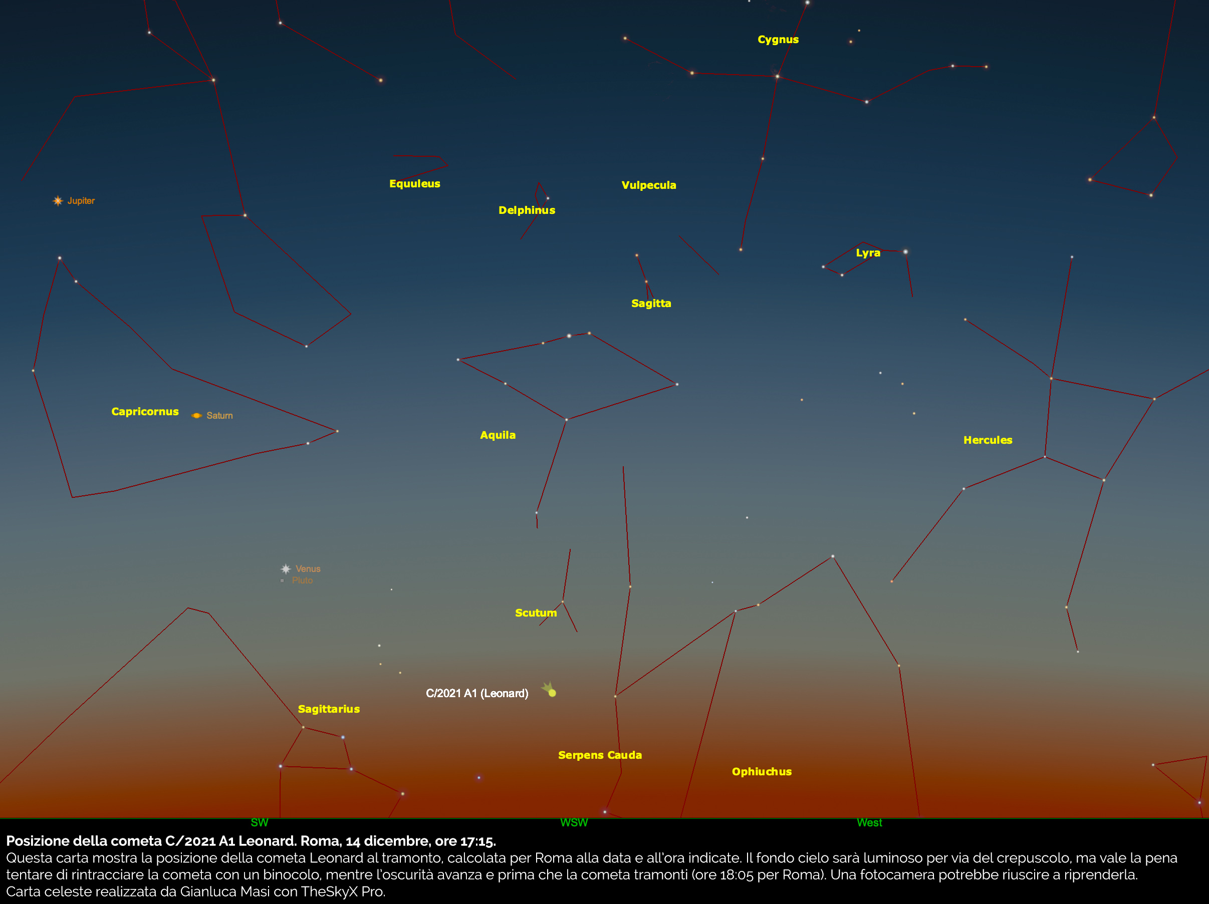 Cometa C/2021 A1 Leonard: carta celeste calcolata per Roma al 14 dicembre, ore 17:15.