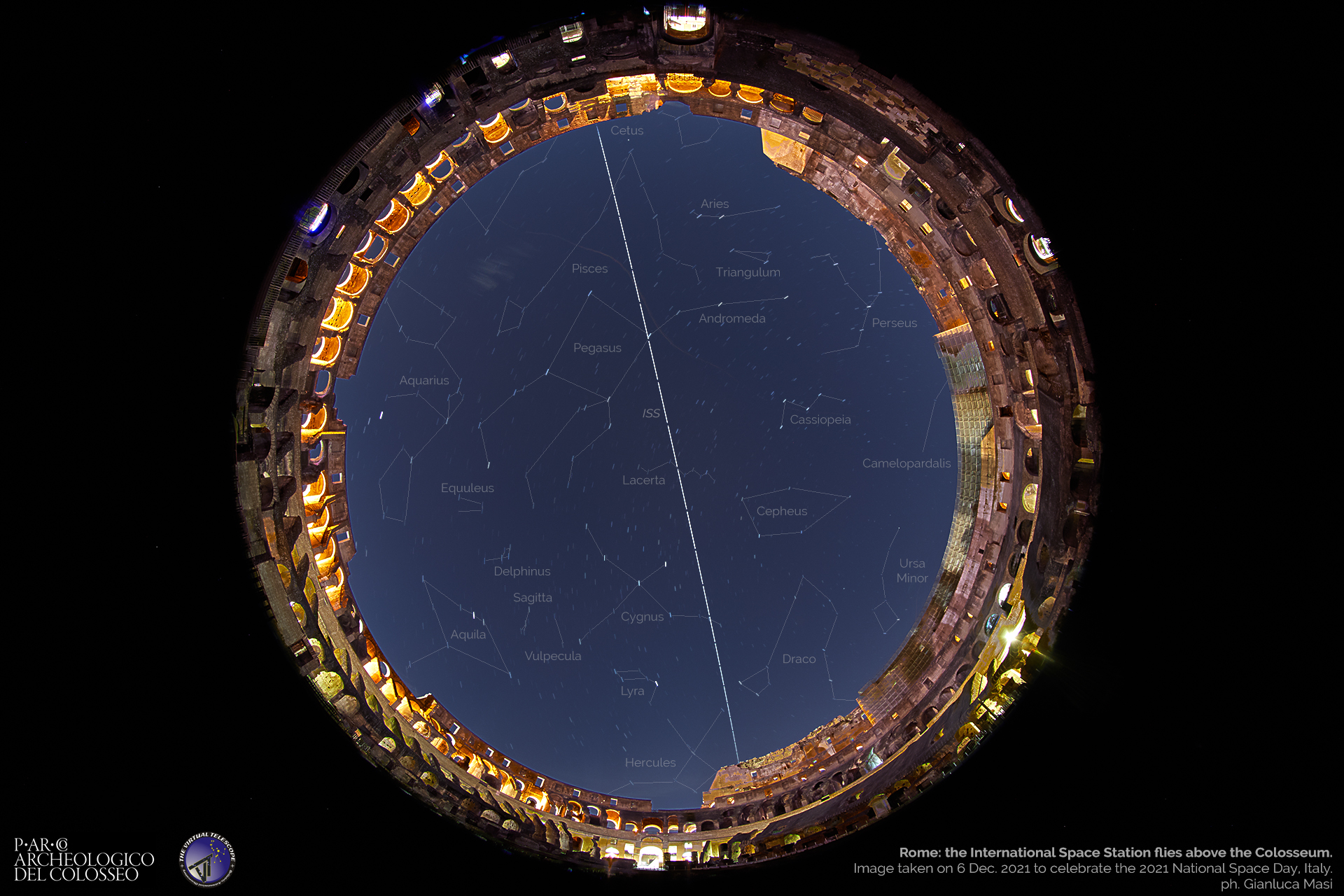 The International Space Station crosses the constellations above the Colosseum. 6 Dec. 2021.