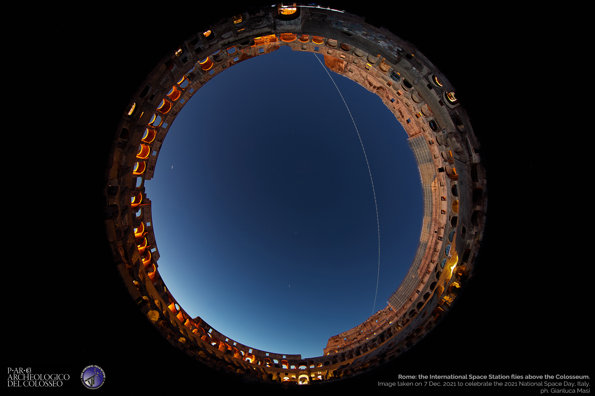 The International Space Station flies above the Colosseum soon after sunset. 7 Dec. 2021.