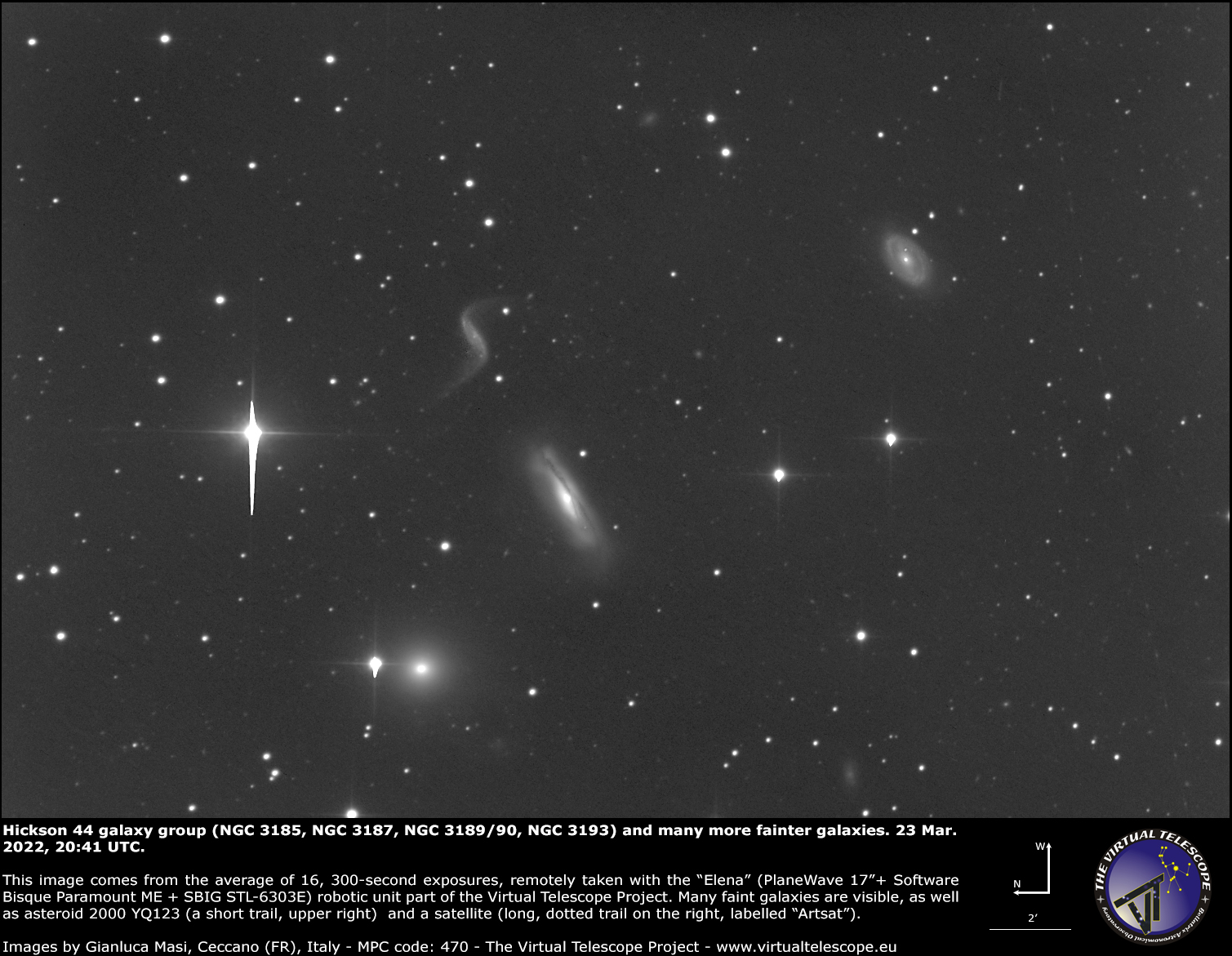 Galaxies NGC 3185, NGC 3187, NGC 3189/90, NGC 3193(Hickson 44 group) and many more fainter ones. 23 Mar. 2022.