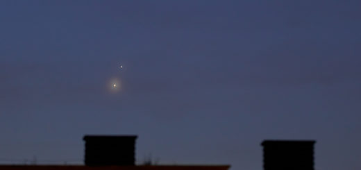 Venus and Jupiter shine together at dawn. Venus is showing a colorful corona, while Europa, Ganymede and Callisto satellites are visible around Jupiter. 1 May 2022.