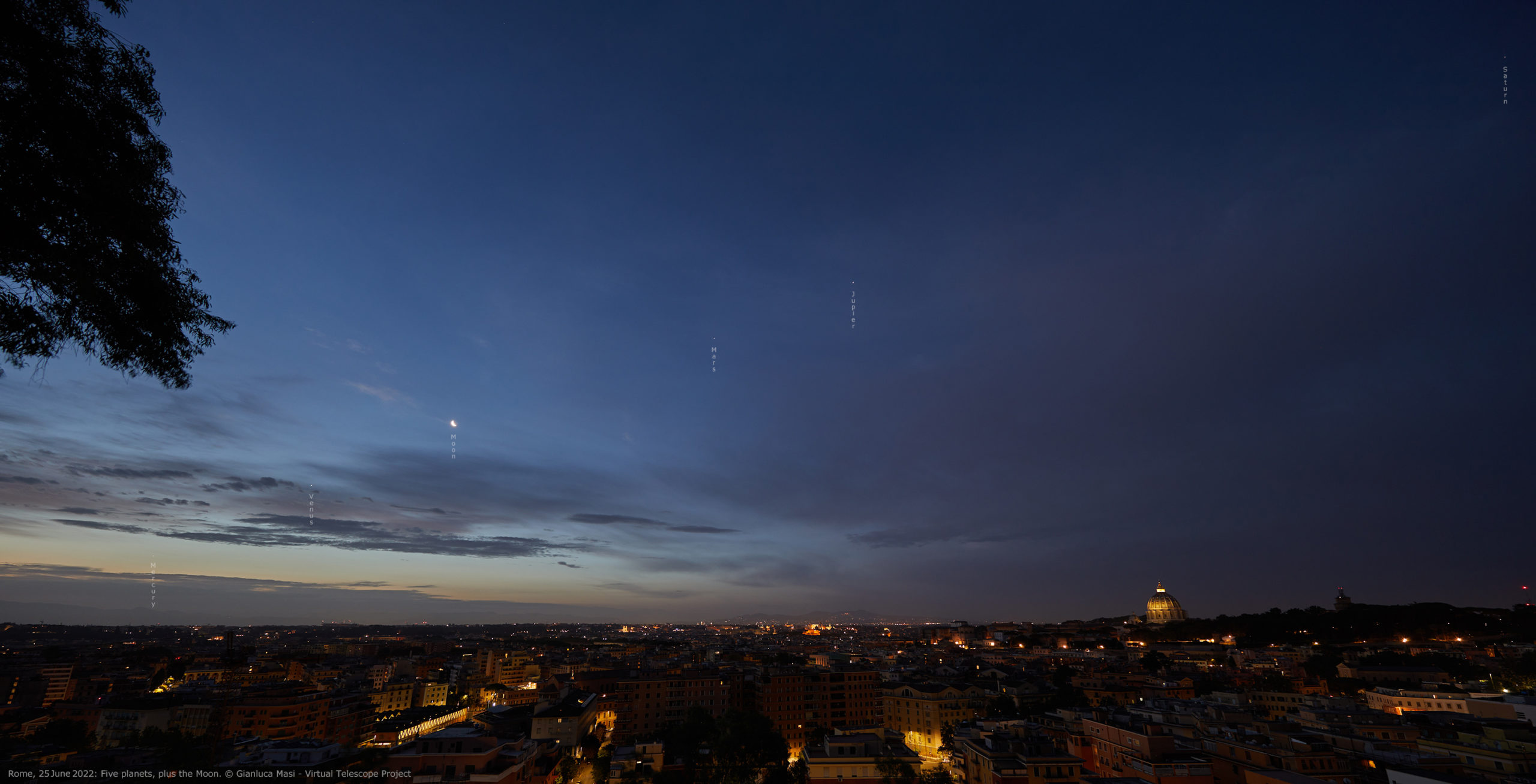 The five planets plus the Moon shine above Rome at dawn: the St. Peter’s Dome is clearly visible. 25 June 2022.