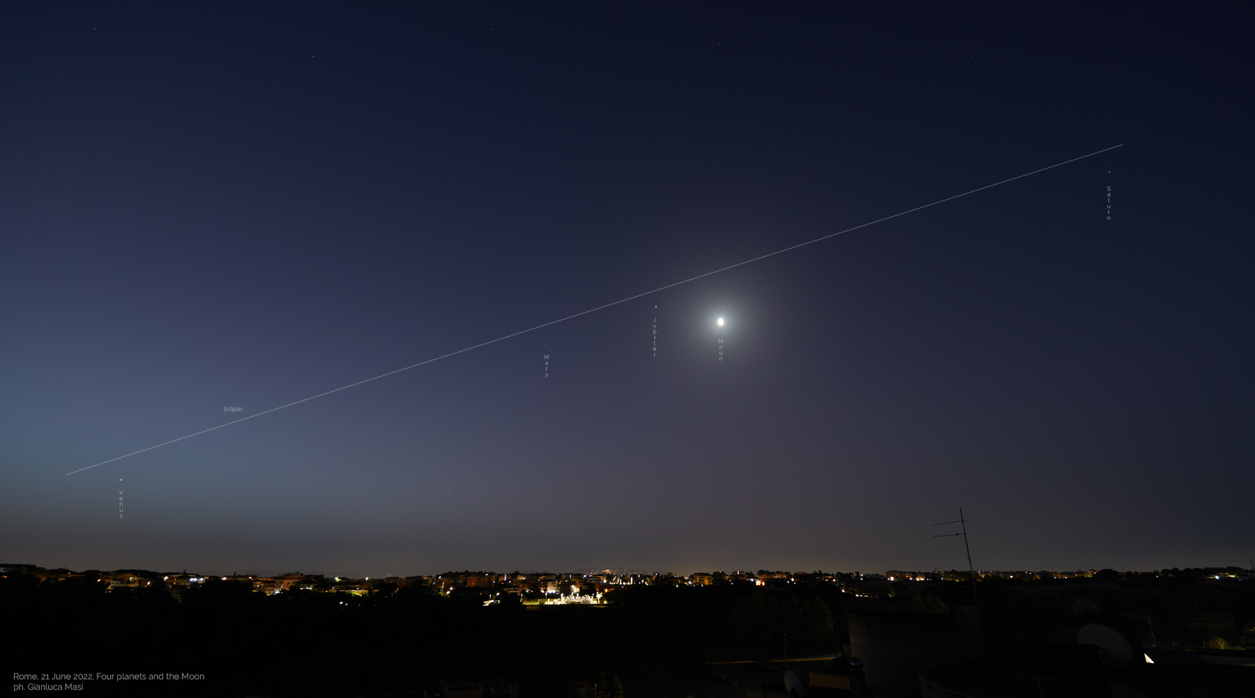 Venus, Mars, Jupiter and Saturn plus the Moon were showing in a very hazy sky. Mercury not visible. 21 June 2022.