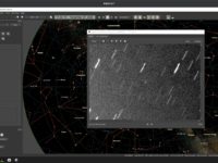 Una delle immagini di questo storico tentativo, assieme al sistema di controllo del telescopio: Orion è il piccolo punto luminoso al centro dell ripresa, tra le tracce delle stelle.