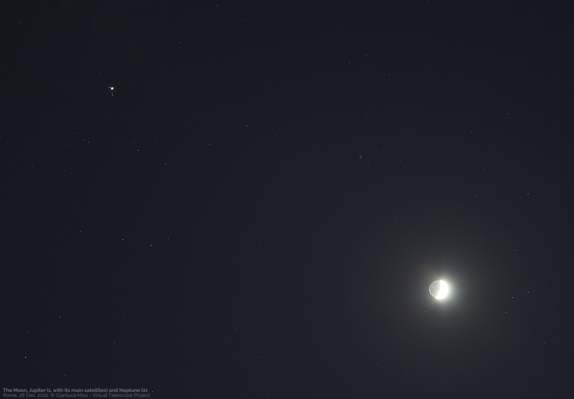 The Moon, Jupiter with its satellites and Neptune.