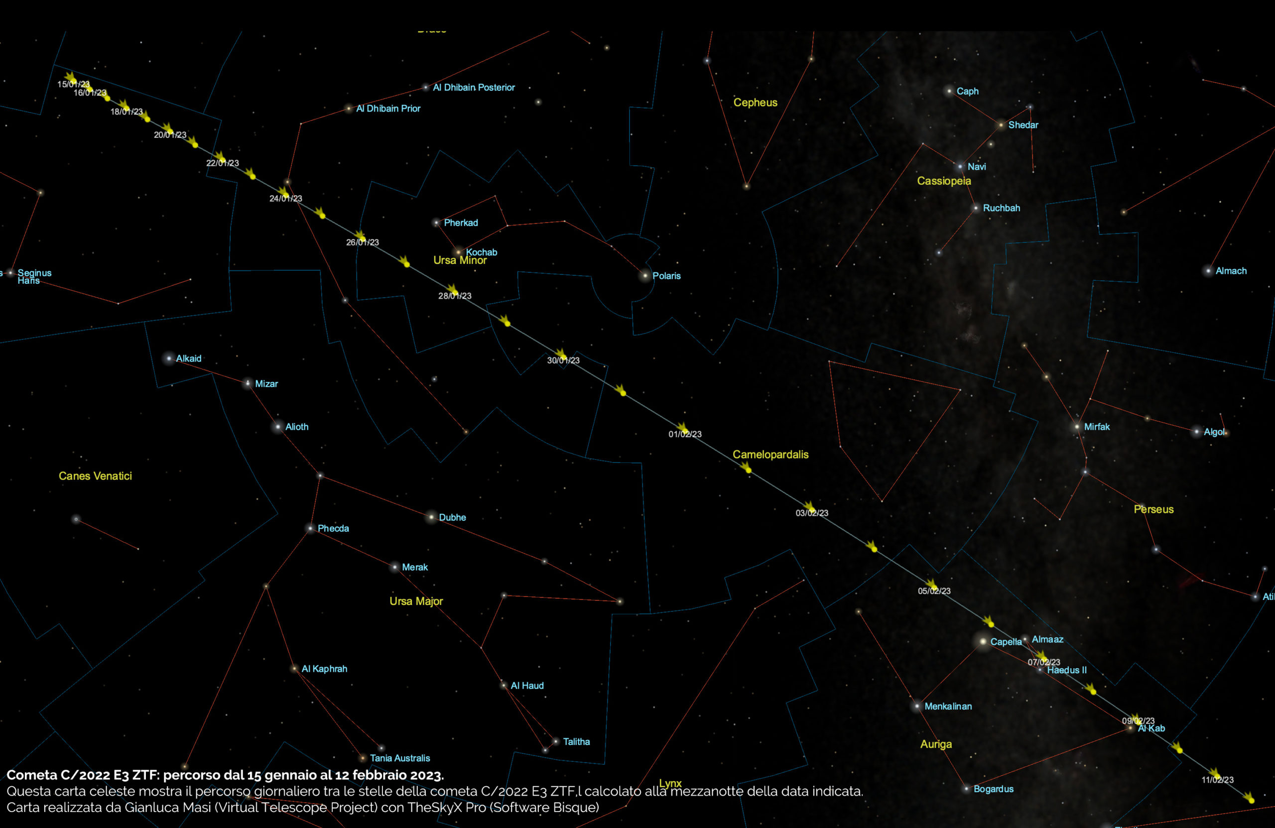 Cometa C/2022 E3 ZTF: percorso nel cielo.