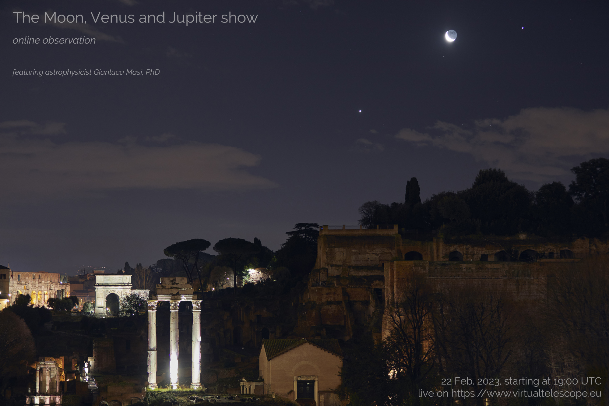 The Moon - Venus - Jupiter show 2023: poster of the event.