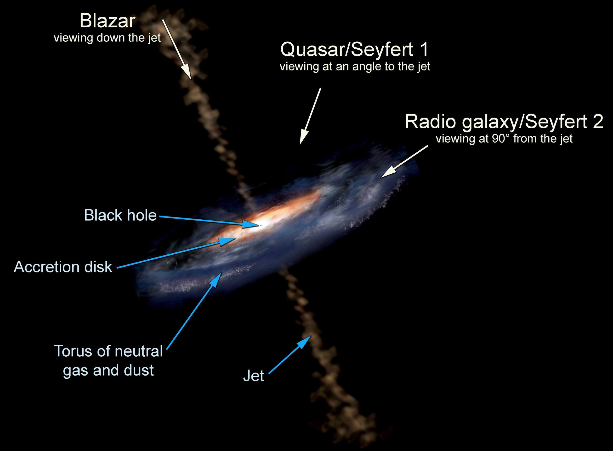 Tipi diversi di Nuclei Galattici Attivi: il blazar punta il getto direttamente verso l’osservatore. Credit: GSFC/NASA