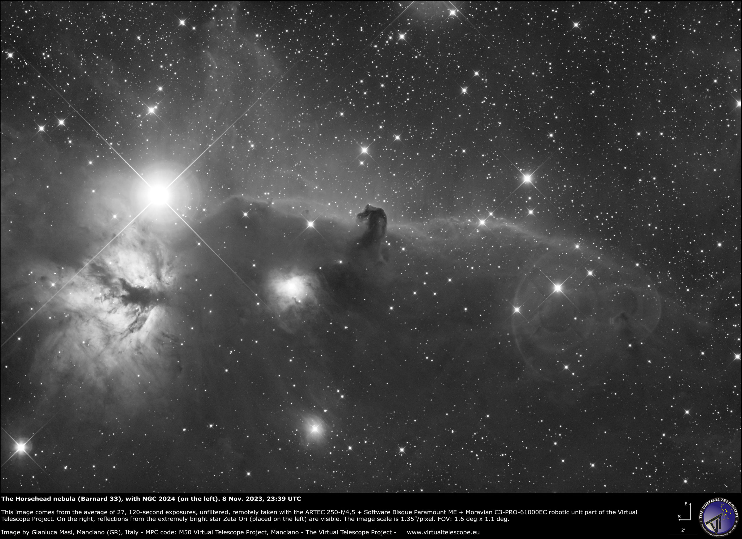 The “Horsehead" (center) and “Flame” (left) nebulae. The very bright star is Zeta Orionis. 8 Nov. 3023.