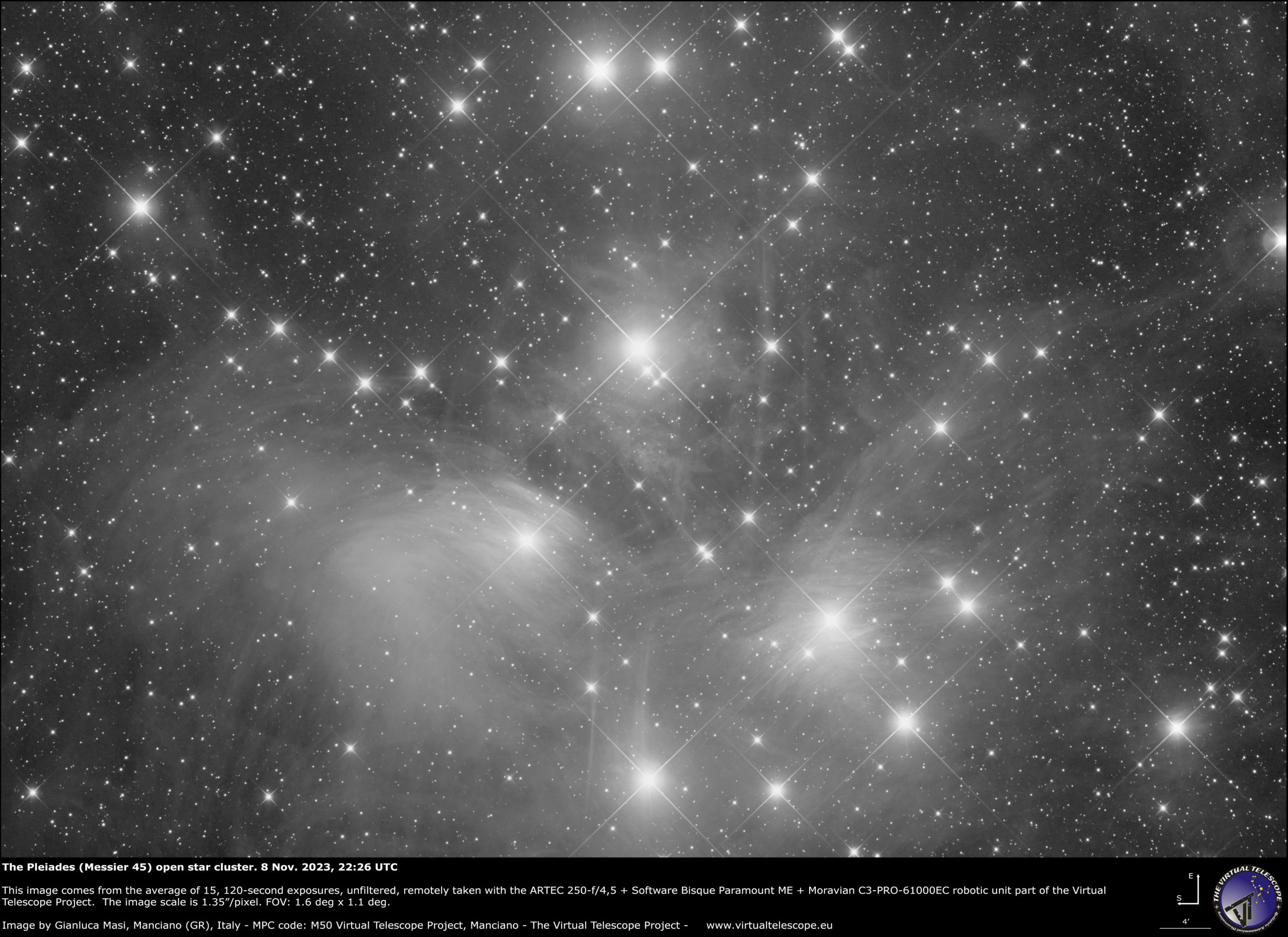 The Pleiades (Messier 45) open star cluster. 8 Nov. 2023.