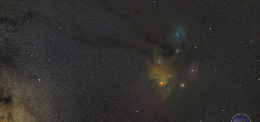 The star Antares, the Rho Ophiuchi complex and a reach region of the Milky Way.