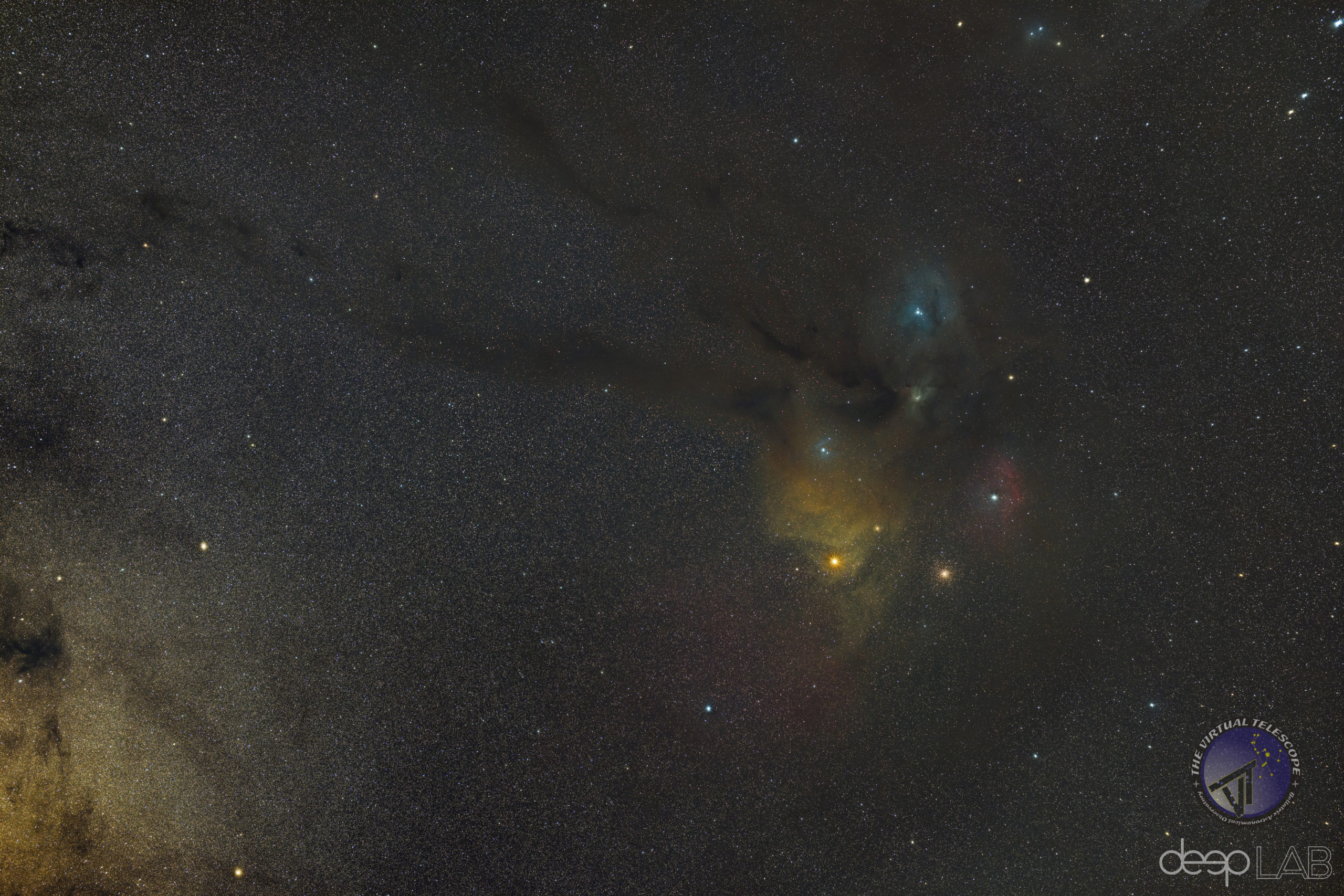 The star Antares, the Rho Ophiuchi complex and a reach region of the Milky Way.