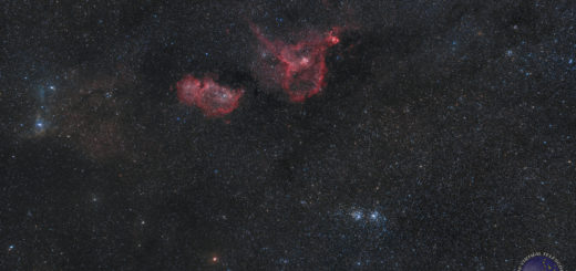 The Perseus Double Cluster (NGC 869 and NGC 884), the "Heart" (IC 1805), "Soul" (IC 1848), Vdb 14 and Vdb 15 nebulae.