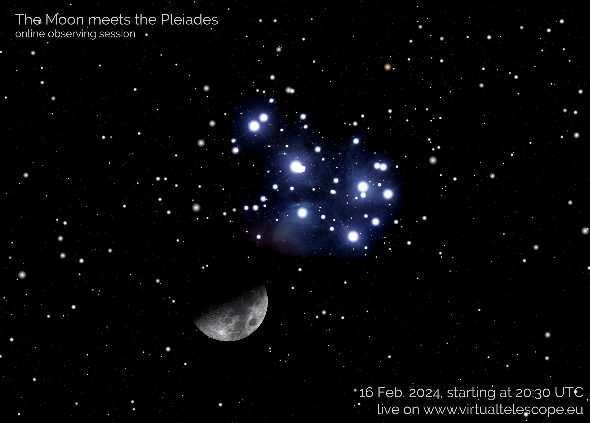 The Moon meets the Pleiades: 16 Feb. 2024.
