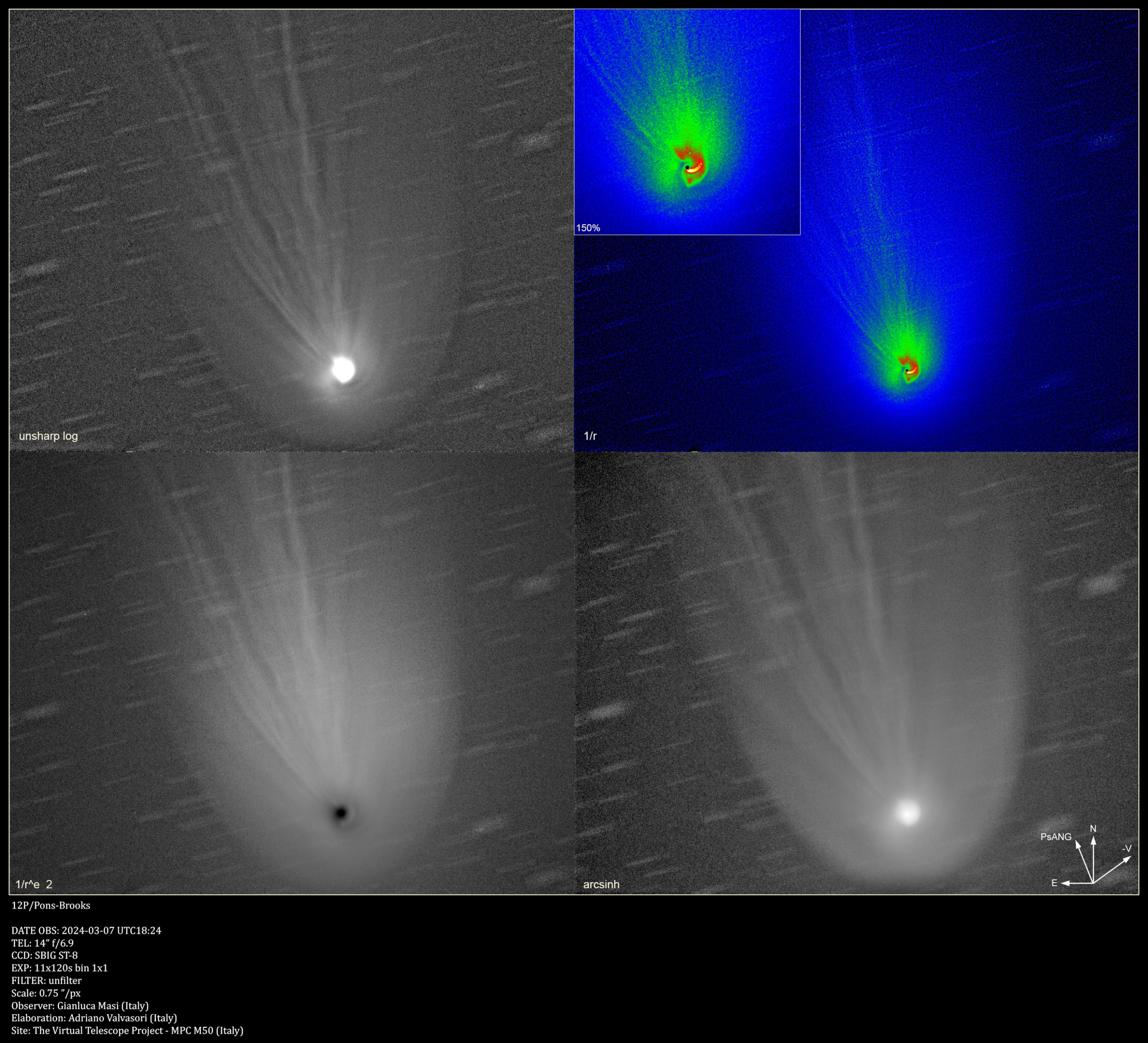 Comet 12P/Pons-Brooks, several filters applied: 7 Mar. 2024.