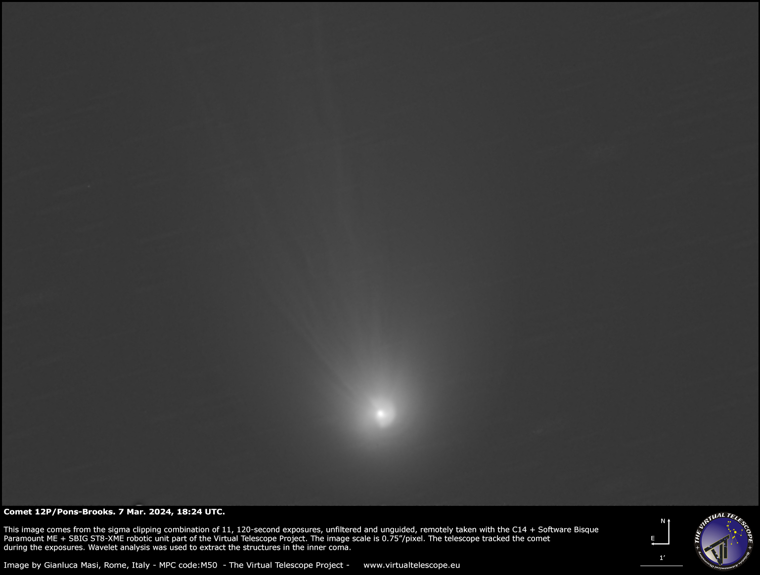 El cometa 12P/Pons-Brooks muestra ondas de polvo cerca de su región nuclear: 7 de marzo de 2024.