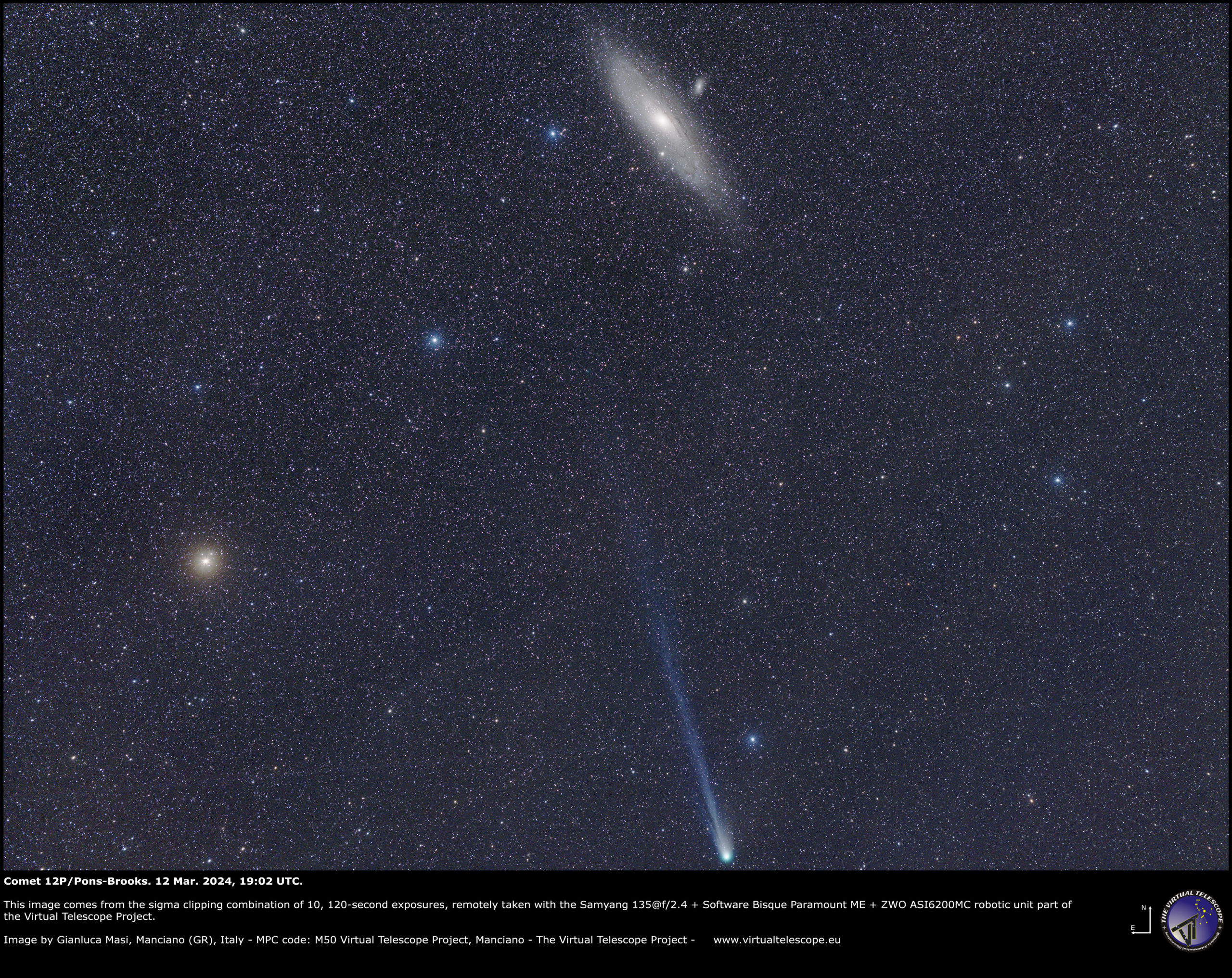 Comet 12P/Pons-Brooks and the great Andromeda Galaxy. 12 Mar. 2024.