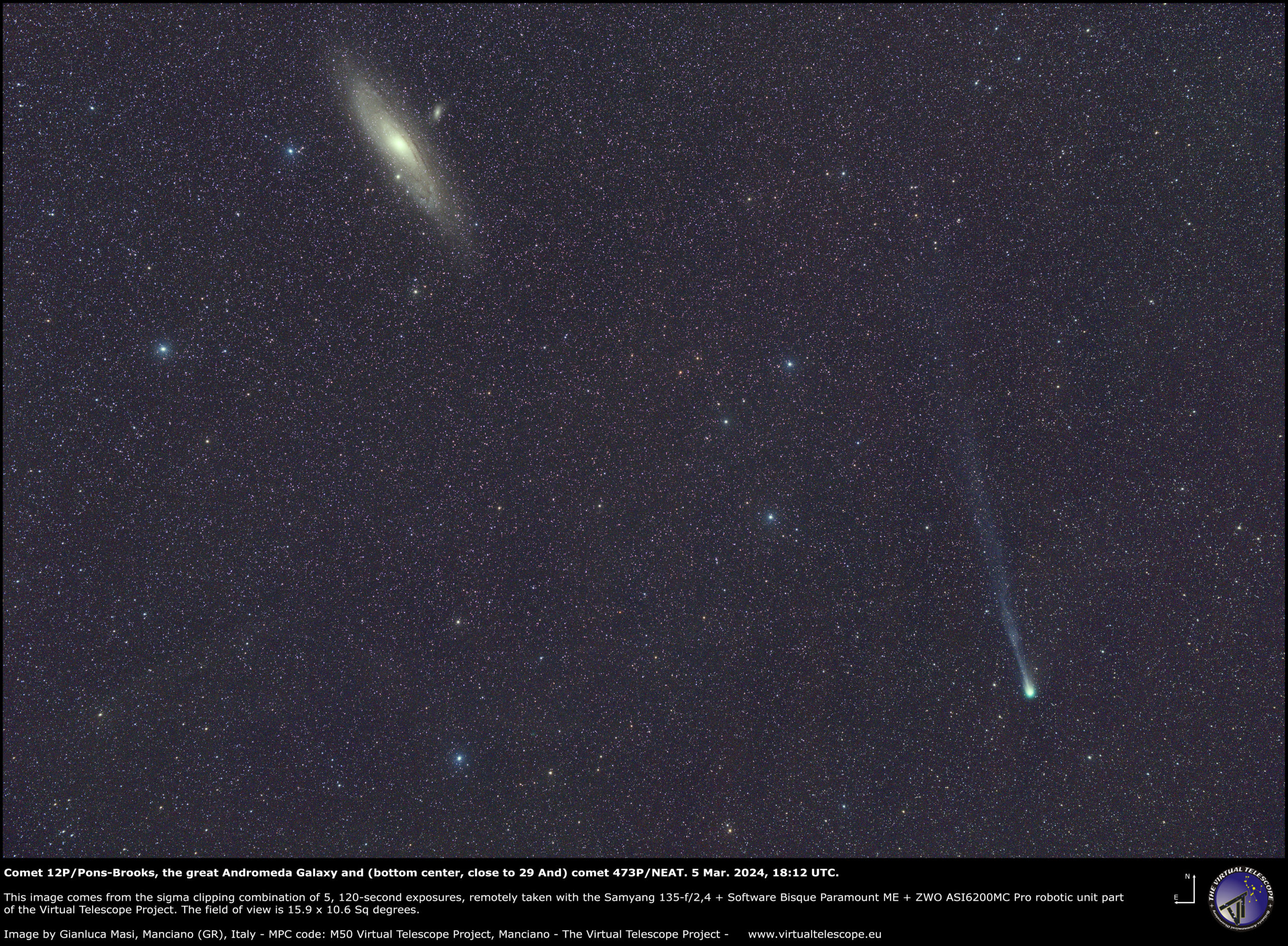 Comet 12P/Pons-Brooks and the great Andromeda Galaxy. 5 Mar. 2024.