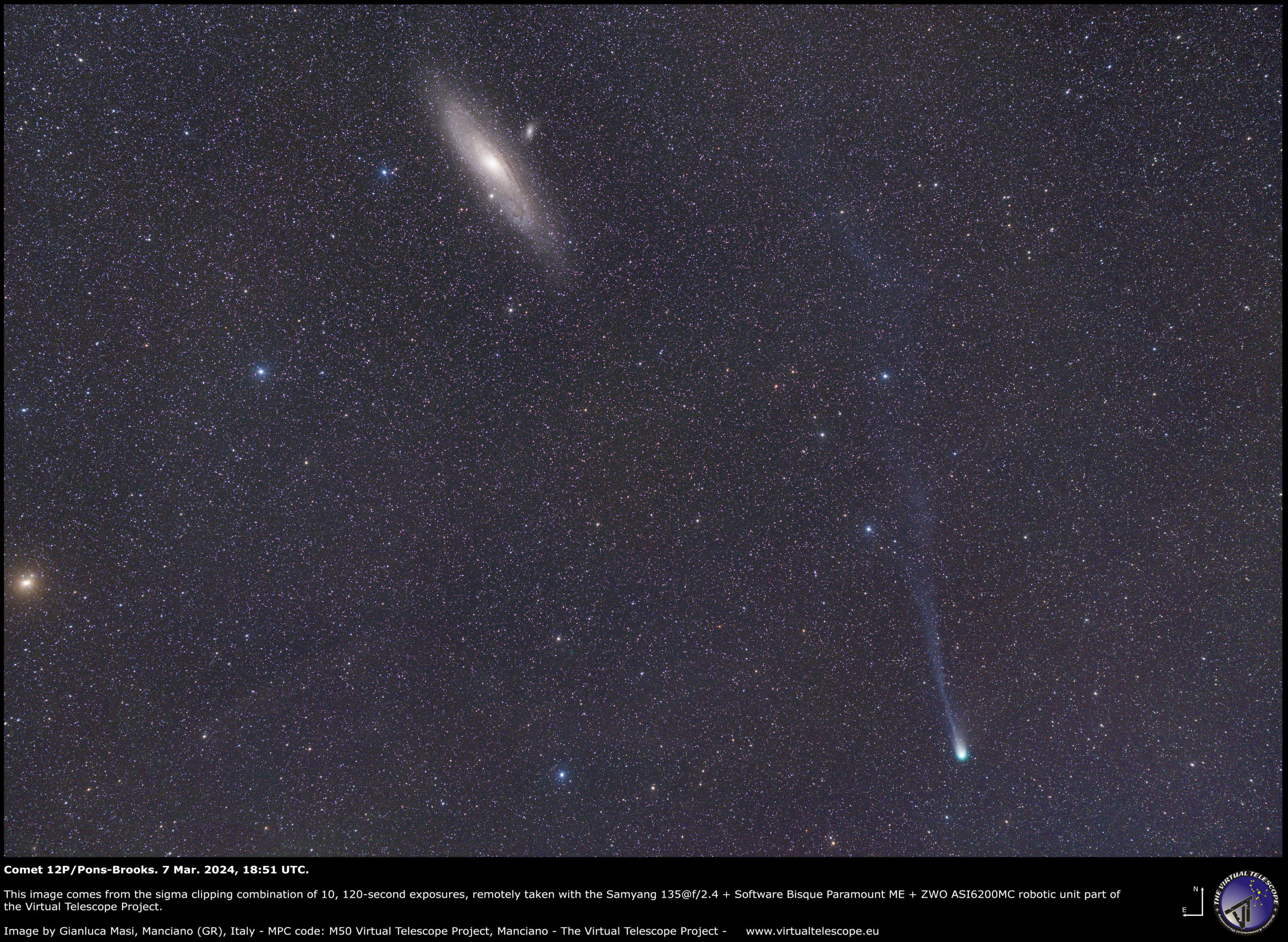 Comet 12P/Pons-Brooks and the great Andromeda Galaxy. 7 Mar. 2024.